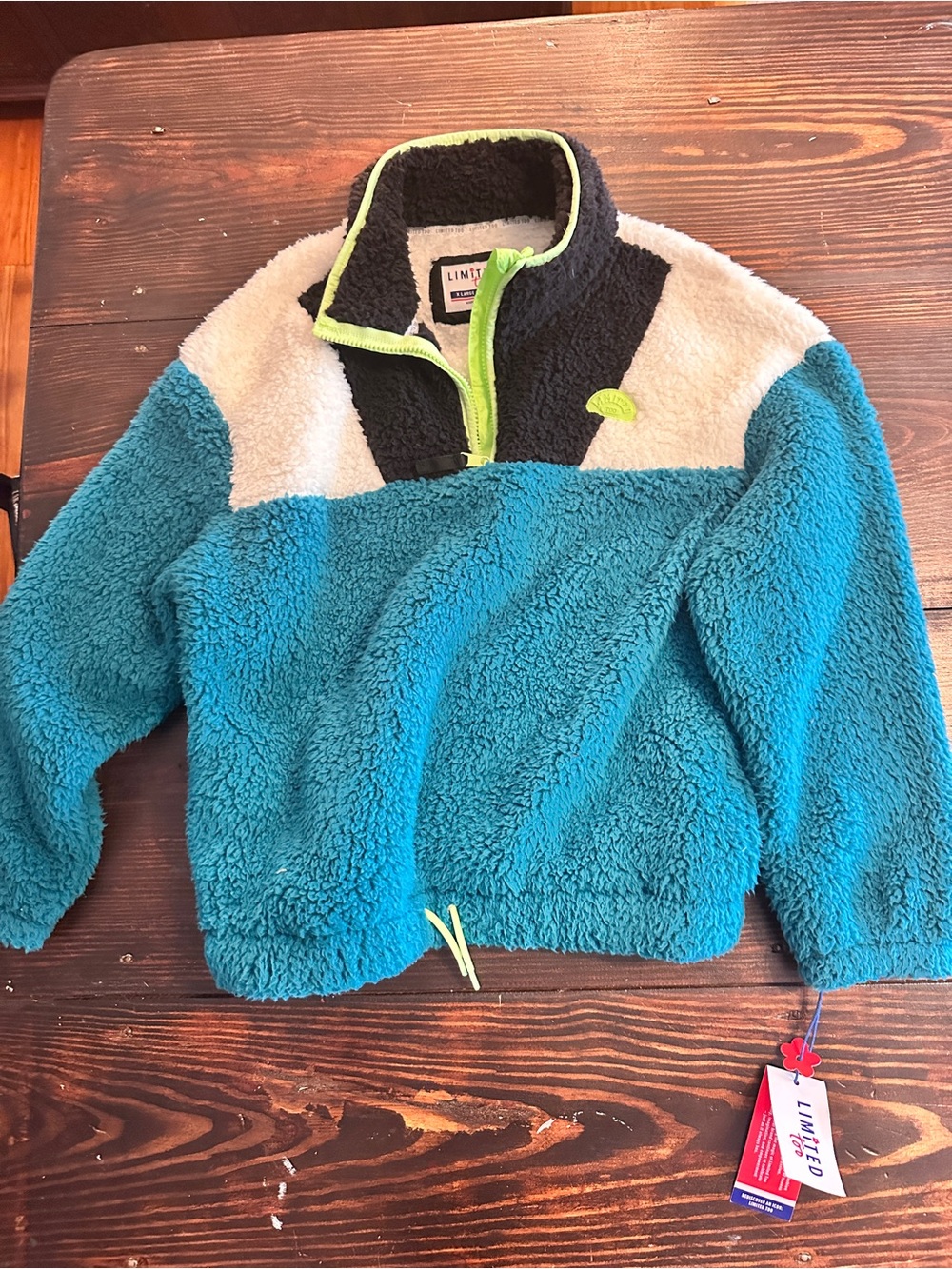 Limited Too Teal Sherpa Pullover with Black and Cream Yoke